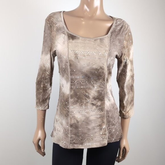 Nycal Tie Dye Blouse Sequin Embellished Mocha Scoop Neck 3/4 Sleeve Top - Picture 12 of 12